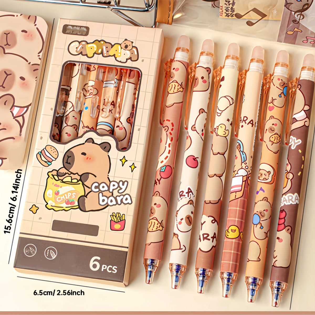 6pcs Cute Capybara Erasable Gel Pen Set