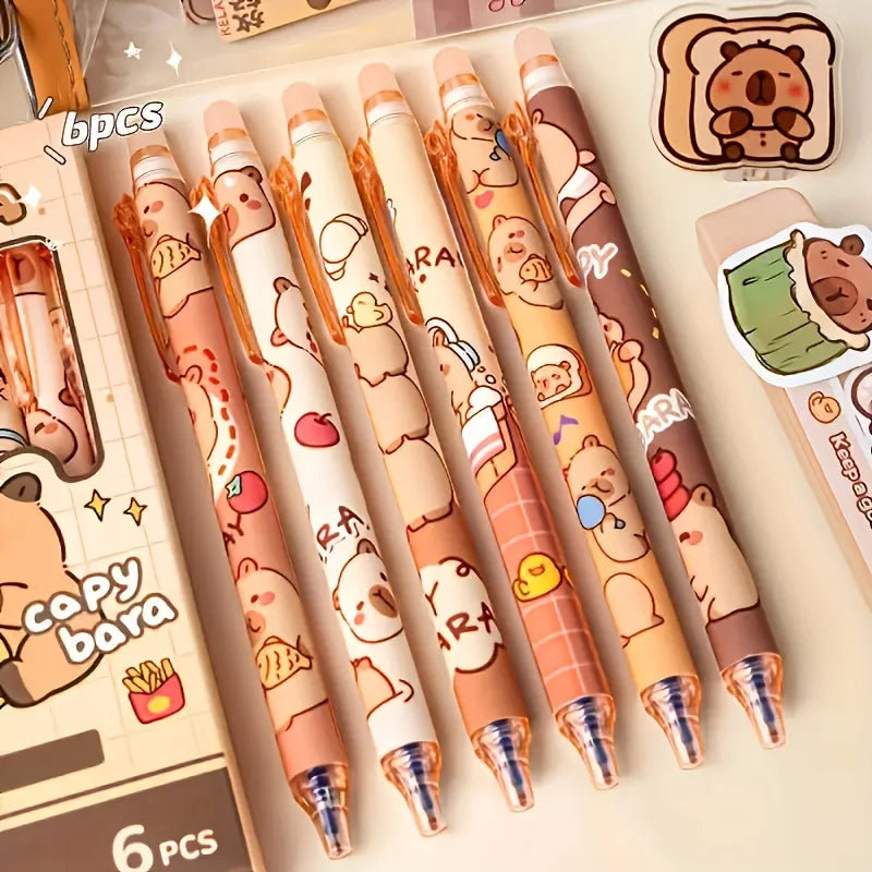 6pcs Cute Capybara Erasable Gel Pen Set