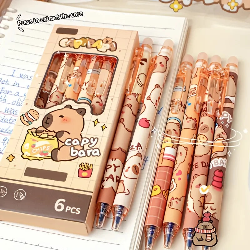 6pcs Cute Capybara Erasable Gel Pen Set