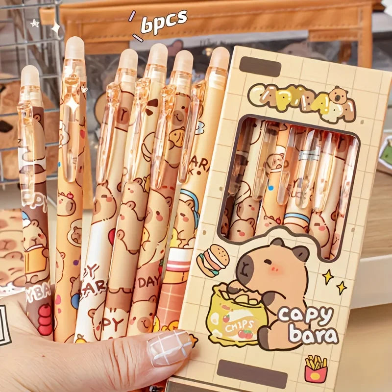 6pcs Cute Capybara Erasable Gel Pen Set